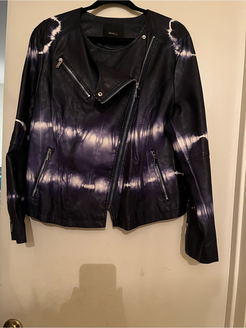 Skinnygirl Navy and White Tie-Dye Faux Leather Moto Jacket, 2x